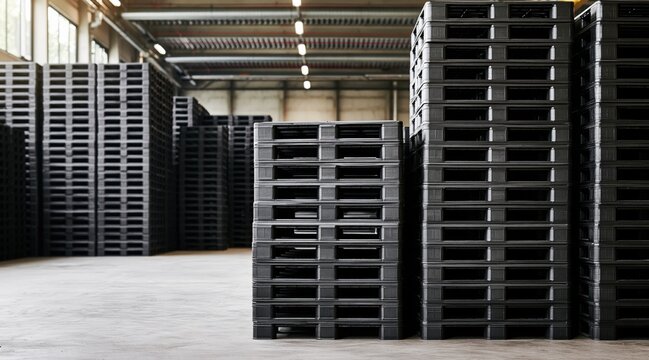 Stacks of black plastic pallets in empty industrial warehouse storage area