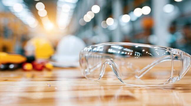Clear safety goggles on wooden workbench in blurred industrial warehouse background