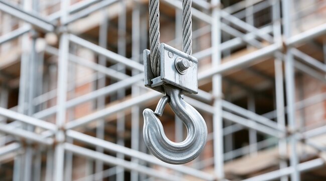Heavy duty metal hook attached to steel cable at construction site