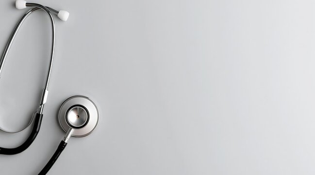 Stethoscope on flat light grey background with copy space