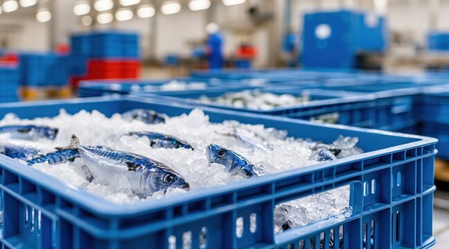 Fresh raw mackerel on ice in blue plastic crates at fish processing plant