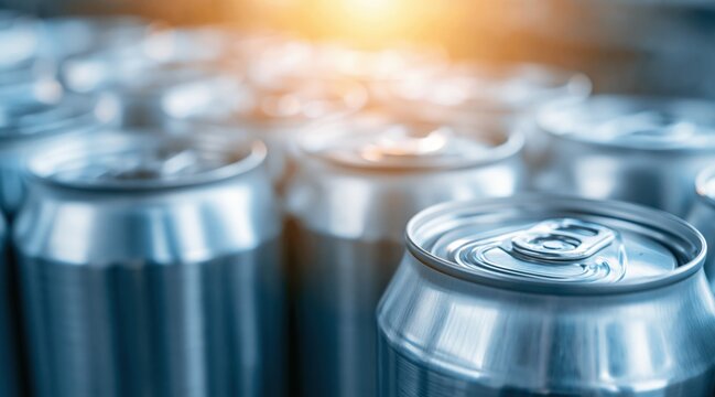 Aluminum beverage cans on production line in factory