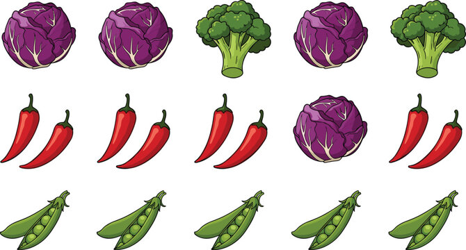 Fresh vegetable vector set featuring red cabbage green broccoli chili pepper and green peas pod cartoon illustrations