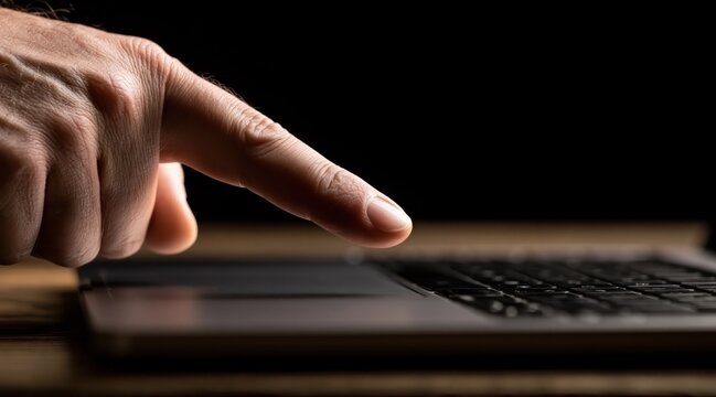 Close up of male hand using laptop trackpad in dark room