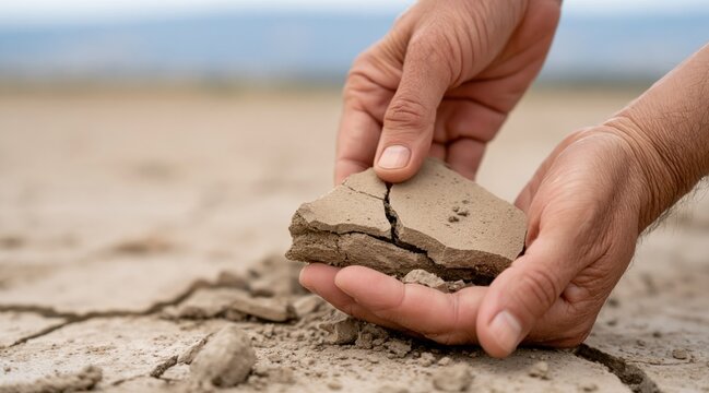 Person holding piece of dry cracked earth in parched landscape