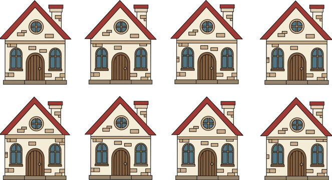 Find two identical brick houses educational puzzle game vector illustration set for children logical thinking skill development