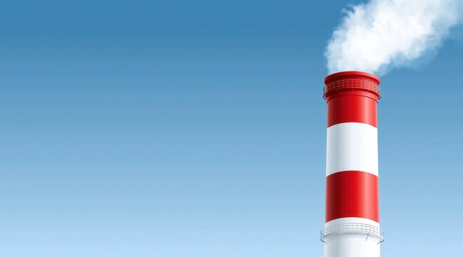 Red white industrial chimney emitting smoke into blue sky