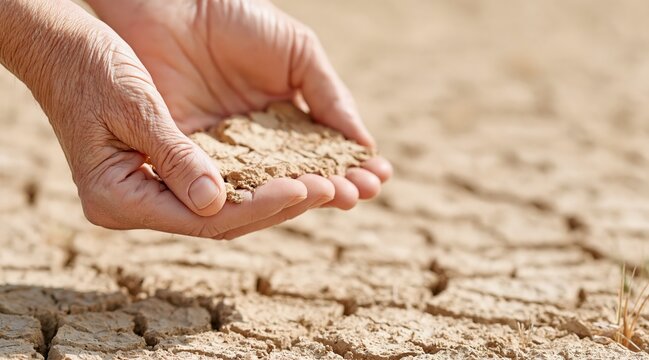 Hands holding dry cracked earth over parched ground