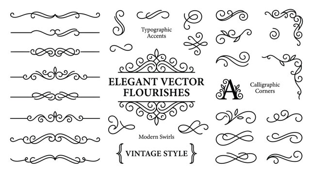 A collection of elegant vector flourishes in a vintage style for decorative design ,   vector illustration sets