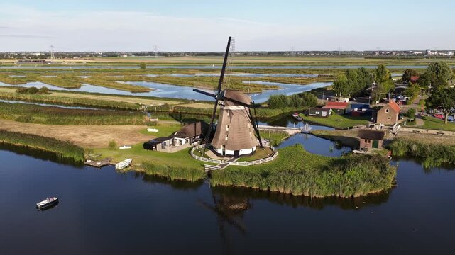 Aerial view of a traditional dutch windmill at kinderdijk