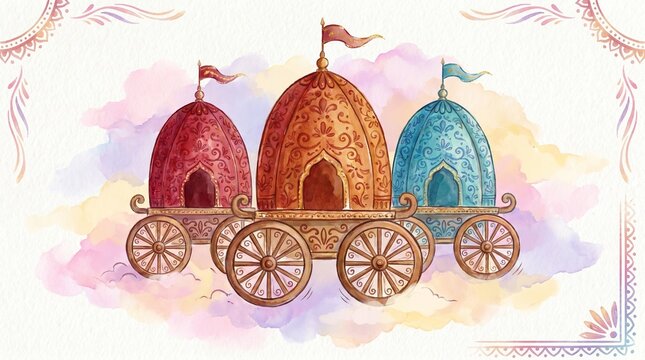 Watercolor illustration for Ratha Yatra with three large chariots