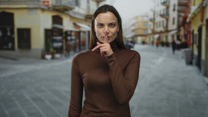 Obraz premium Young woman stands looking to the side, face visible, wearing brown turtleneck on a cobblestone city street with blurred storefronts and pedestrians; contemplation.