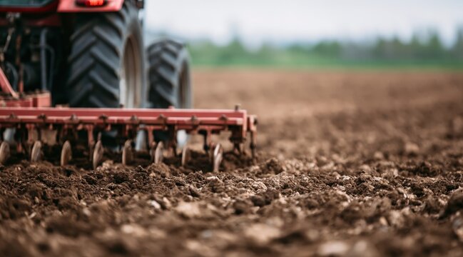 Close up of red tractor pulling disc harrow through fertile soil on farm