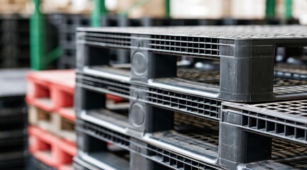 Naklejka premium Stack of black plastic pallets in industrial warehouse storage