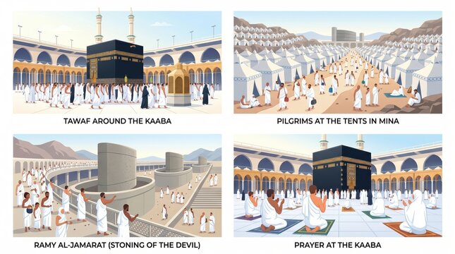 Set of Four Comic Style Illustrations Detailing Hajj Pilgrimage Steps
