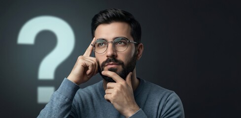 Man with glasses and beard thinking deeply with a question mark symbol