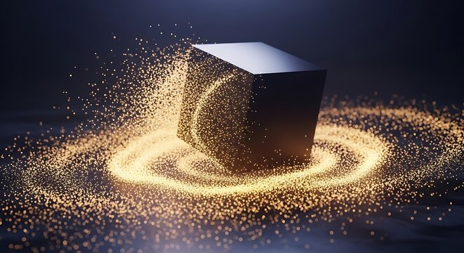 A mysterious black cube levitates amidst a swirling vortex of golden light particles.