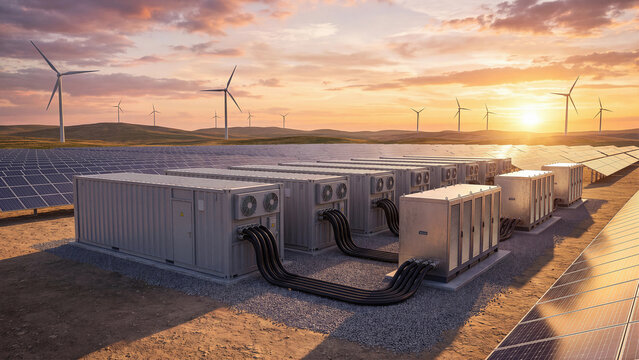 Battery energy storage system containers with cables solar panel farm wind turbines at sunset grid scale renewable energy infrastructure sustainable power generation industrial concept scene