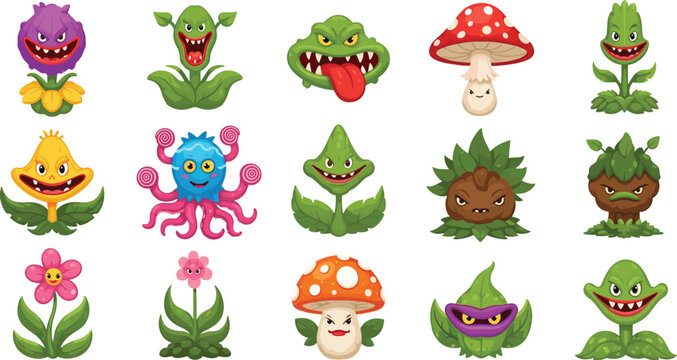 Spooky monster plants vector set featuring angry carnivorous flowers toxic mushrooms and creepy fantasy garden creature characters