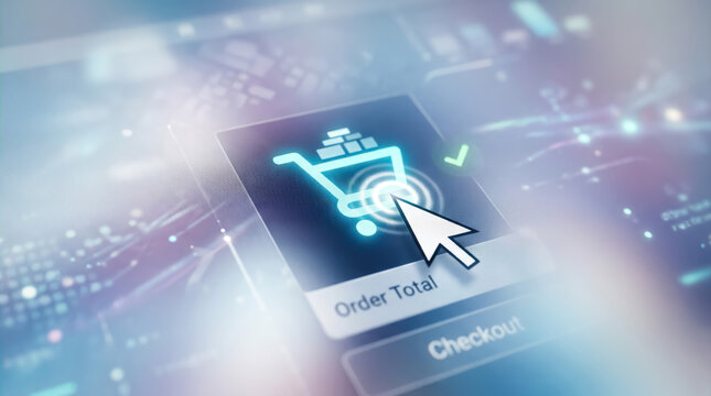 Digital shopping cart on a glowing blue interface screen with a mouse cursor clicking the checkout button for an online order total transaction process