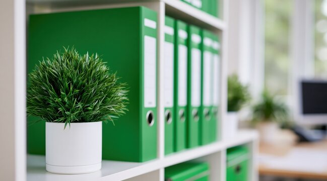 Green ring binders and small potted plant on white office shelf