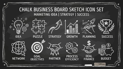 A set of business icons sketched on a blackboard, including marketing and strategy concepts. ,   vector illustration sets © PYARA