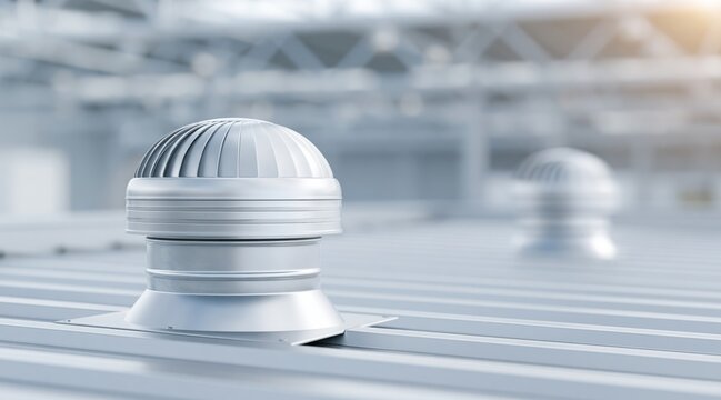 Silver wind turbine ventilator on metal industrial roof