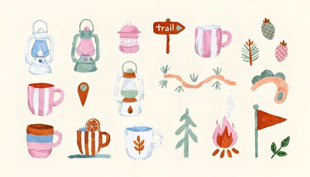 Watercolor camping elements set with lanterns mugs campfire and trail sign hand drawn folk art style illustration isolated on light background