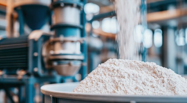 White powder falling into container in industrial factory processing plant