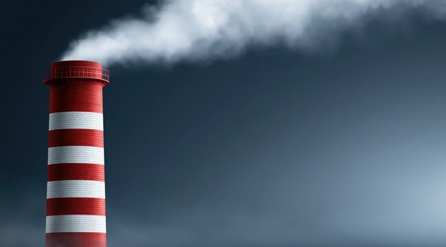 Industrial chimney with red and white stripes emitting smoke
