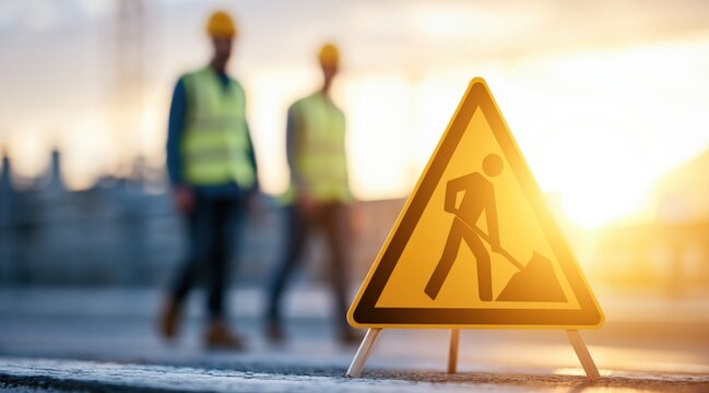 Road construction sign and blurred workers at sunset