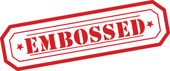 A striking red octagonal rubber stamp graphic featuring the descriptive word EMBOSSED against a crisp white backdrop © designboundary