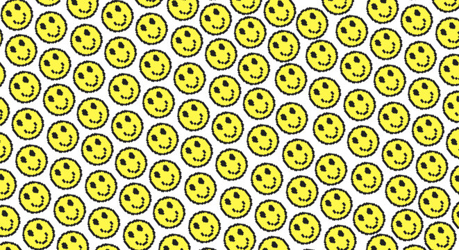Seamless Yellow Pixel Rave Retro Style Smiling Face Pattern on White Background