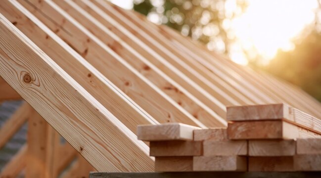 Wooden roof rafters and stack of lumber on construction site at sunset
