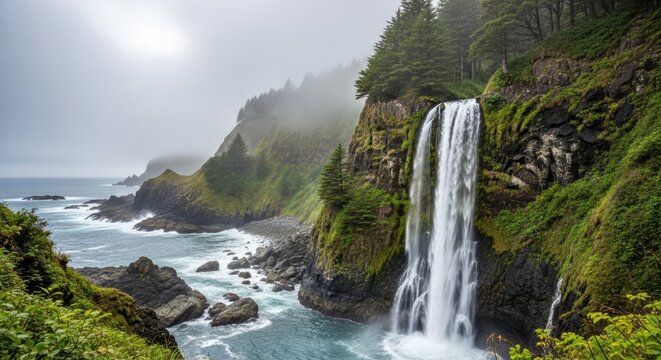 Majestic waterfall cascading into the ocean on misty rocky coast