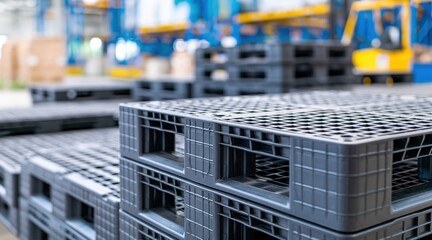 Naklejka premium Stacked black plastic pallets in industrial warehouse storage area