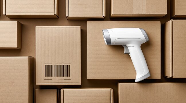 White barcode scanner and brown cardboard delivery boxes with printed code
