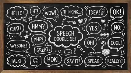 A black chalkboard with a variety of white speech bubbles and doodles expressing different emotions and reactions. ,   vector illustration sets © PYARA