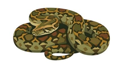 Fototapeta premium A detailed flat vector illustration of a coiled reticulated python snake with realistic camouflage scale patterns isolated on a white background.