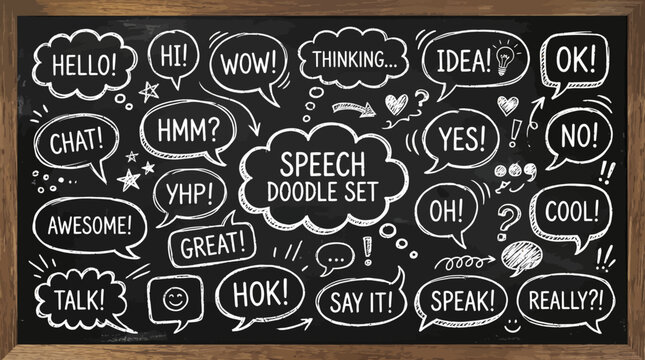 A black chalkboard with a variety of white speech bubbles and doodles expressing different emotions and reactions. ,   vector illustration sets