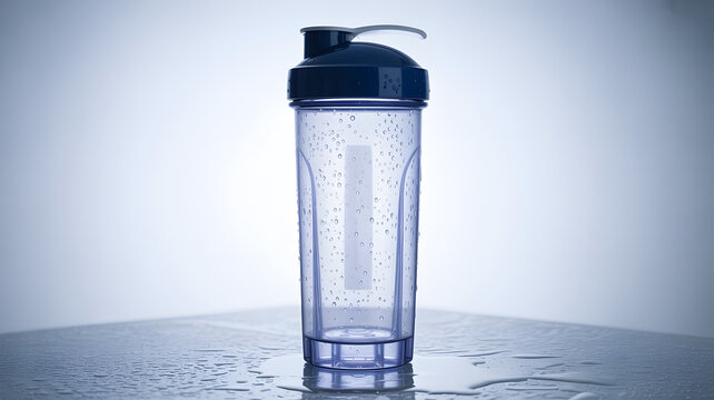 Empty clear plastic protein shaker bottle blue lid and handle condensation water drops on wet surface.