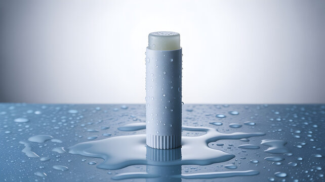 Lip balm stick with condensation on a wet surface.