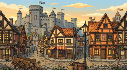 Medieval village street with stone castle, fantasy kingdom town landscape vector, historical European city with timber frame houses and cobblestone road © xantii