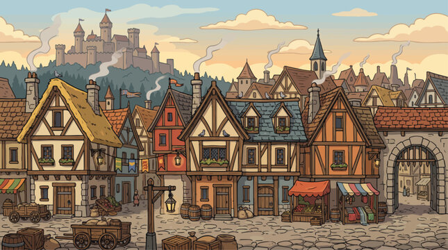 Medieval village vector illustration, old town street with timber framed houses and castle, fantasy kingdom landscape for game background