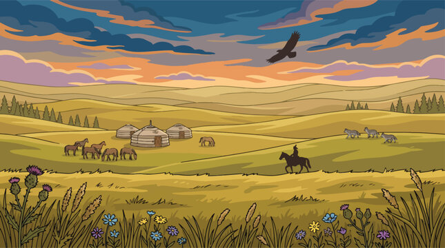 Mongolian steppe landscape with traditional yurts and horses, nomadic lifestyle in Central Asia, scenic mountain valley with eagle and rider at sunset