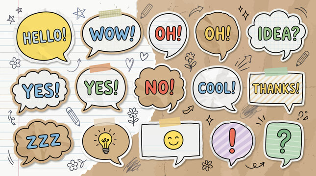 A colorful illustration of various speech bubbles with different expressions and reactions. ,   vector illustration sets