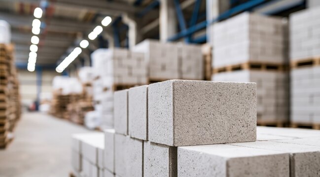 Stacked aerated concrete blocks in warehouse
