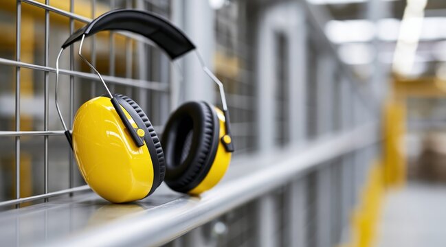 Yellow hearing protection earmuffs resting on metal railing in industrial facility
