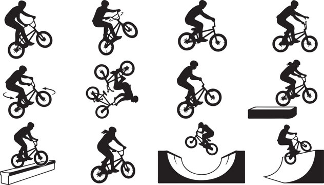 Set of black silhouettes showing people performing various extreme bmx bike stunts and tricks on ramps and obstacles in a skatepark environment isolated on white background, Vector, illustration