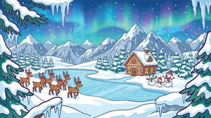 Winter wonderland landscape with northern lights, cozy log cabin in snowy mountains, reindeer herd by frozen lake, festive Christmas background vector © xantii